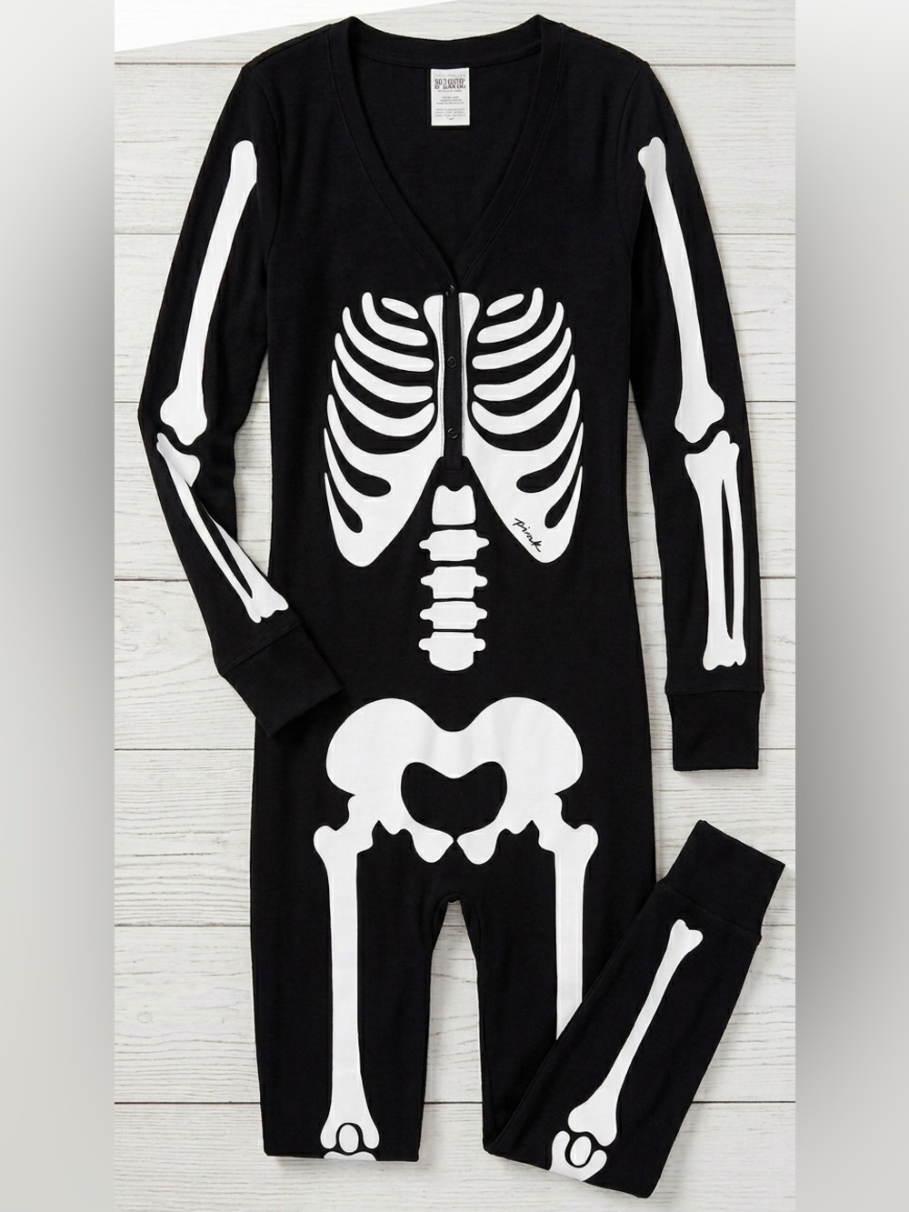 VS PINK Skeleton Onesie Pajamas Black White Y2K Cozy Halloween L
